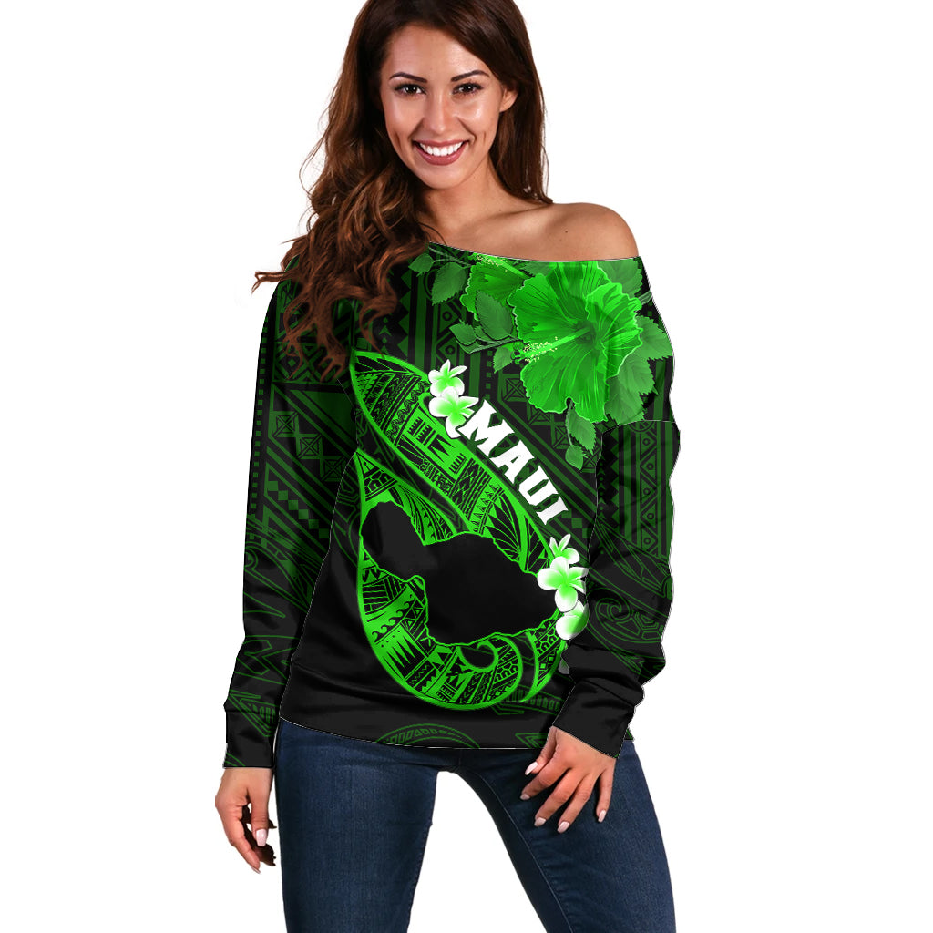 Hawaii Maui Off Shoulder Sweater Polynesian Fish Hook Hibiscus Green Version LT05 Women Green - Polynesian Pride