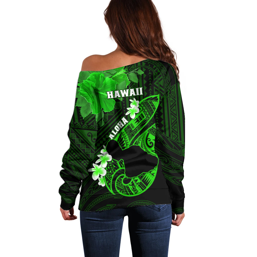 Hawaii Maui Off Shoulder Sweater Polynesian Fish Hook Hibiscus Green Version LT05 - Polynesian Pride
