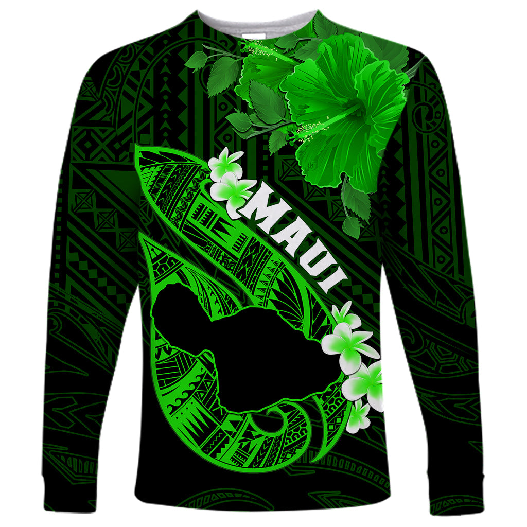 Personalized Hawaii Maui Long Sleeve Shirt Polynesian Fish Hook Hibiscus Green Version LT05 Unisex Green - Polynesian Pride