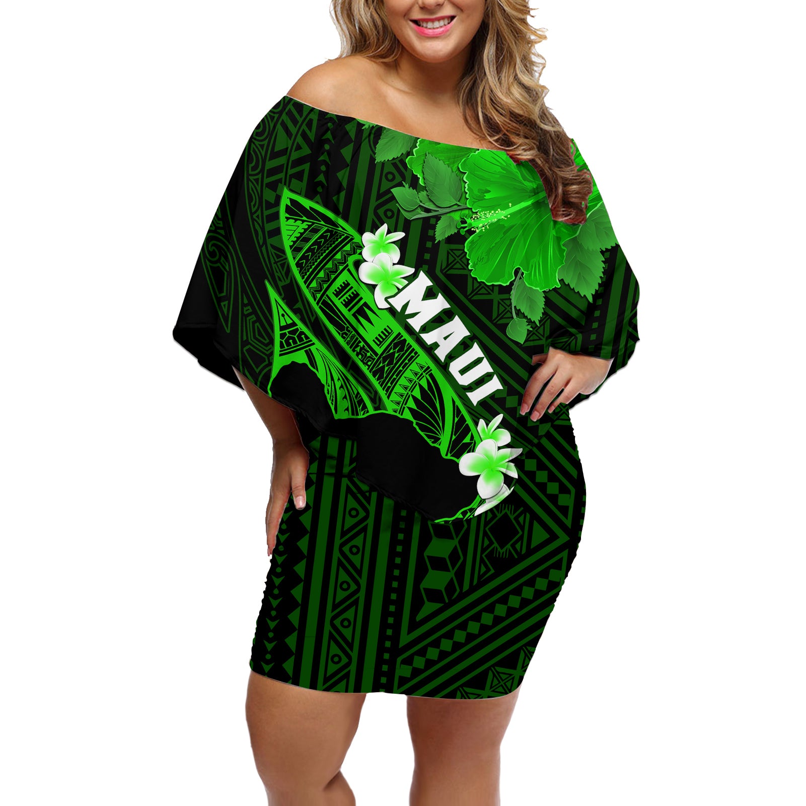 Personalized Hawaii Maui Off Shoulder Short Dress Polynesian Fish Hook Hibiscus Green Version LT05 Women Green - Polynesian Pride