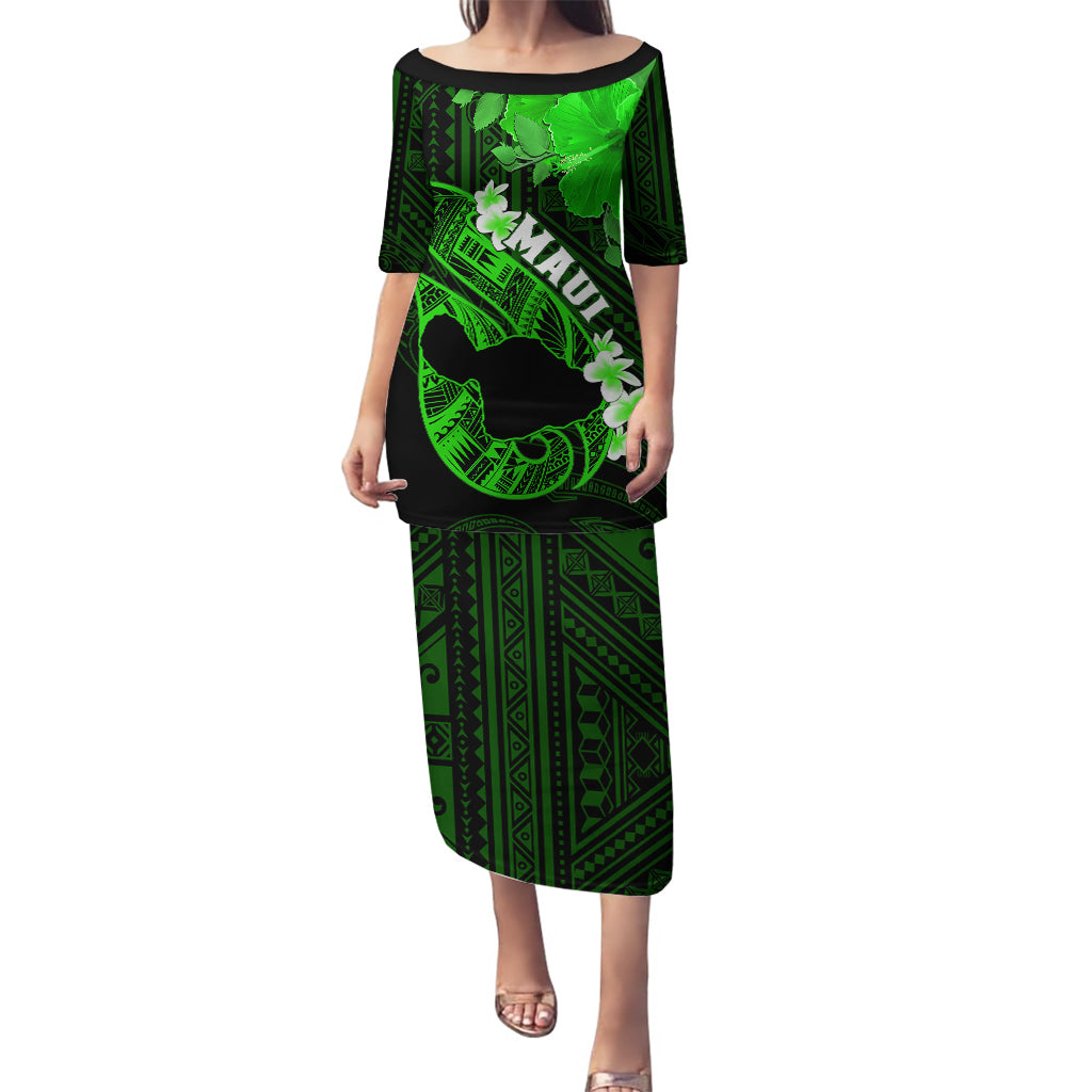 Personalized Hawaii Maui Puletasi Polynesian Fish Hook Hibiscus Green Version LT05 Long Dress Green - Polynesian Pride