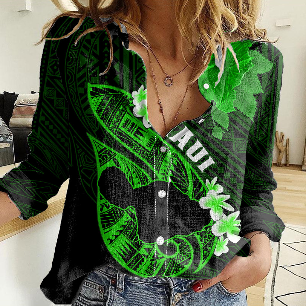 Personalized Hawaii Maui Women Casual Shirt Polynesian Fish Hook Hibiscus Green Version LT05 Female Green - Polynesian Pride