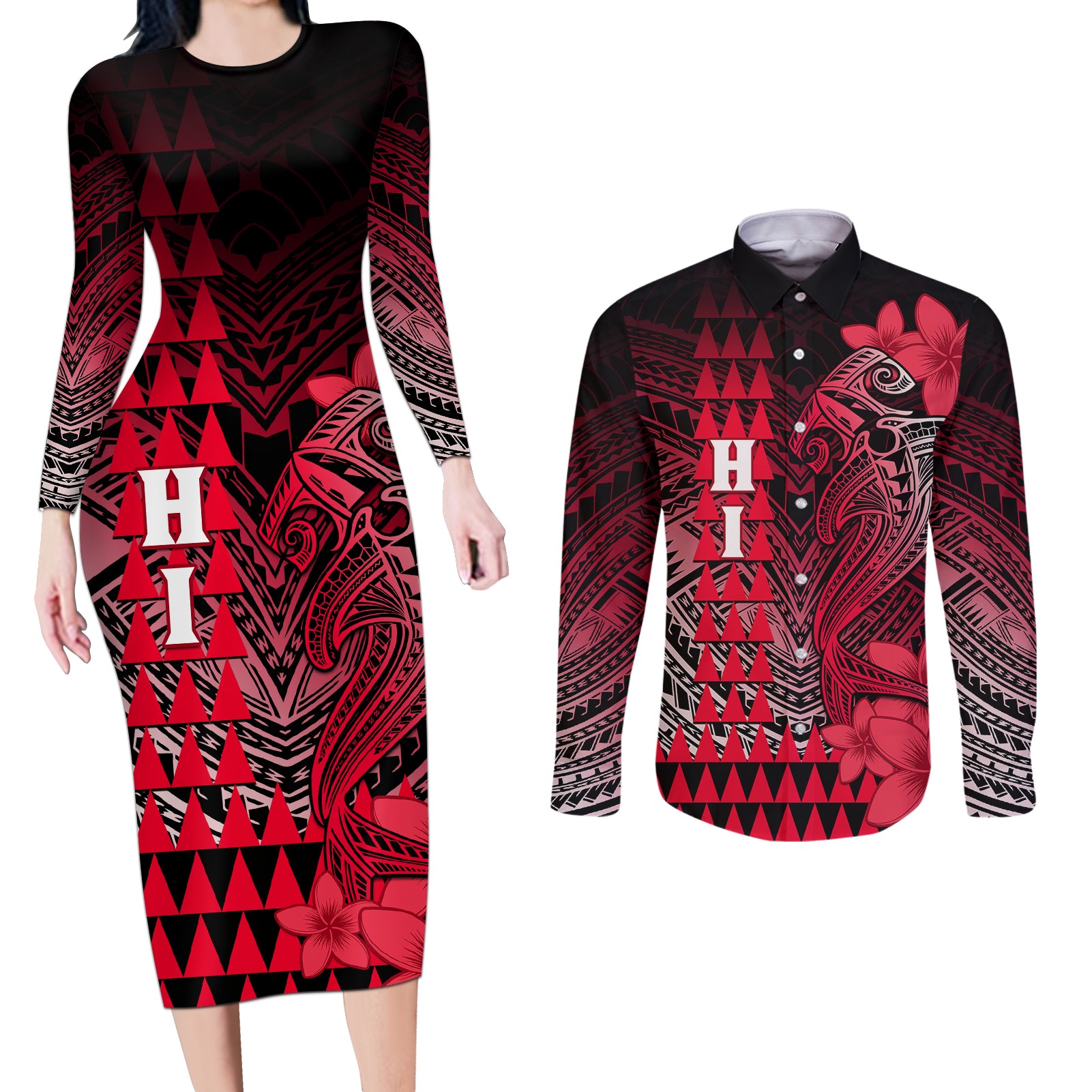 Personalized Hawaii Couples Matching Long Sleeve Bodycon Dress and Long Sleeve Button Shirts Hammerhead Shark Kakau Polynesian Tribal Red LT05 Red - Polynesian Pride