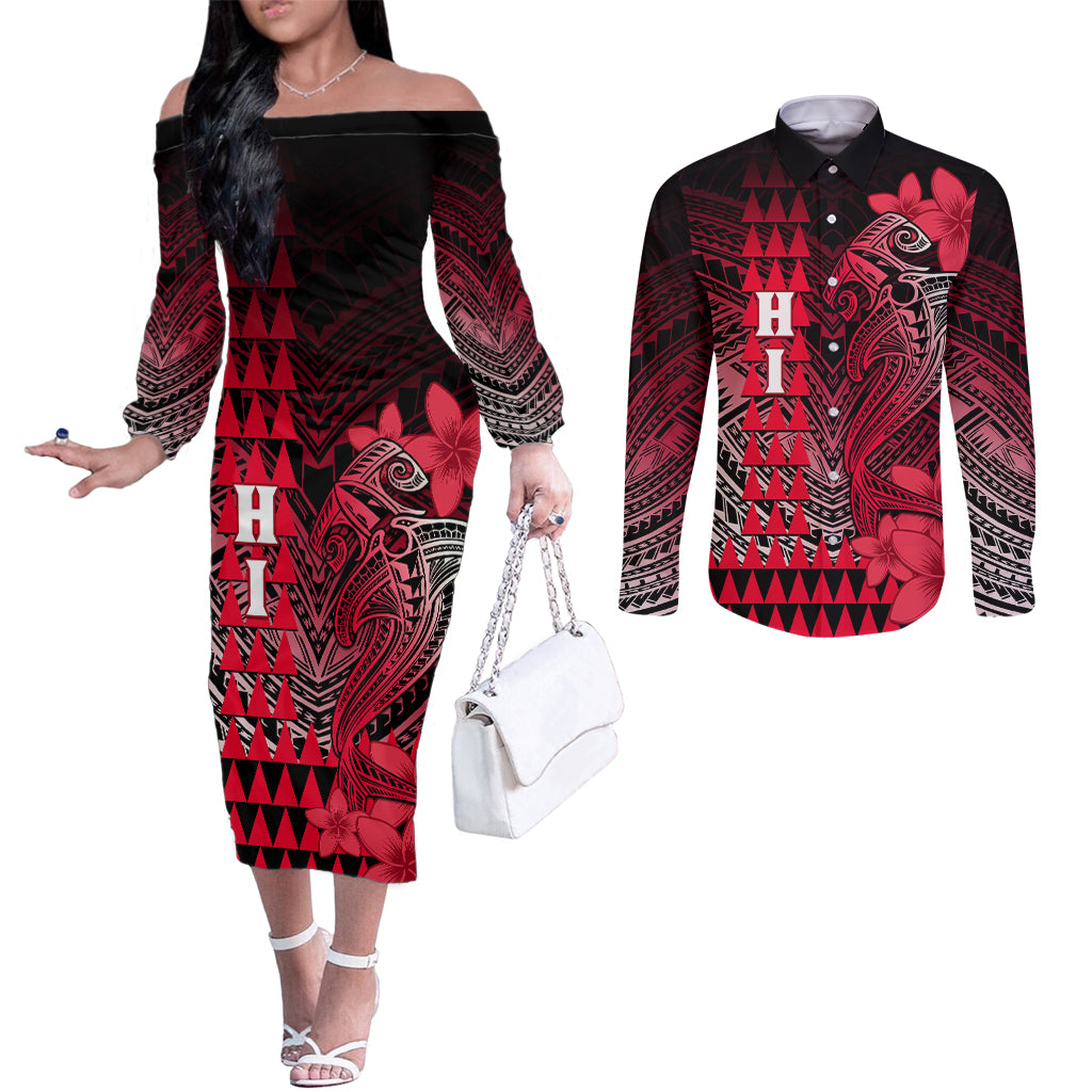 Personalized Hawaii Couples Matching Off The Shoulder Long Sleeve Dress and Long Sleeve Button Shirts Hammerhead Shark Kakau Polynesian Tribal Red LT05 Red - Polynesian Pride