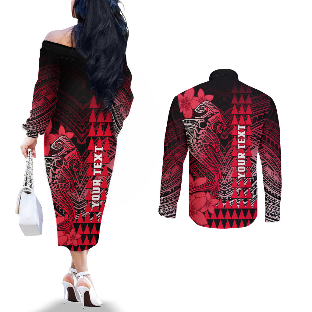 Personalized Hawaii Couples Matching Off The Shoulder Long Sleeve Dress and Long Sleeve Button Shirts Hammerhead Shark Kakau Polynesian Tribal Red LT05 - Polynesian Pride