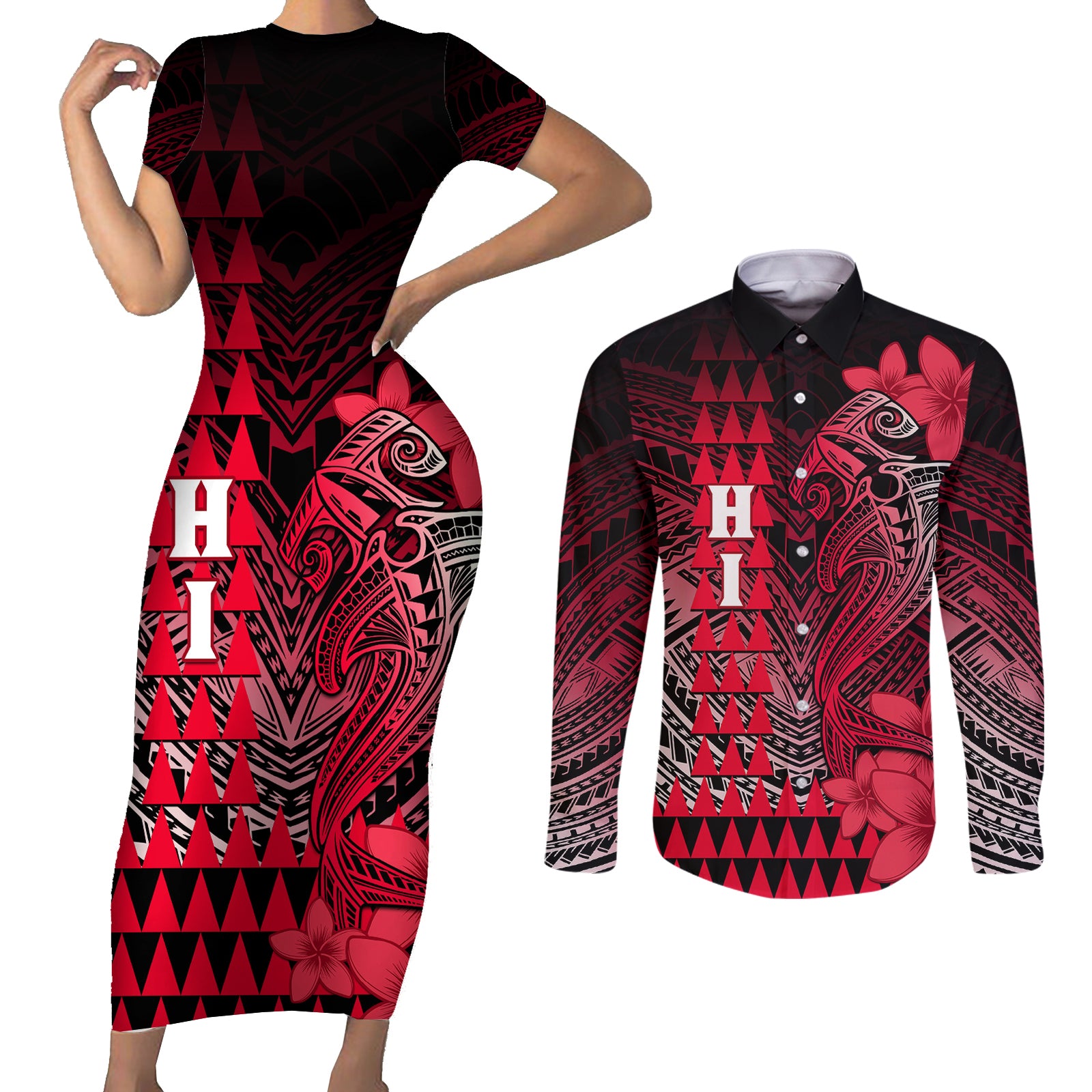 Personalized Hawaii Couples Matching Short Sleeve Bodycon Dress and Long Sleeve Button Shirts Hammerhead Shark Kakau Polynesian Tribal Red LT05 Red - Polynesian Pride