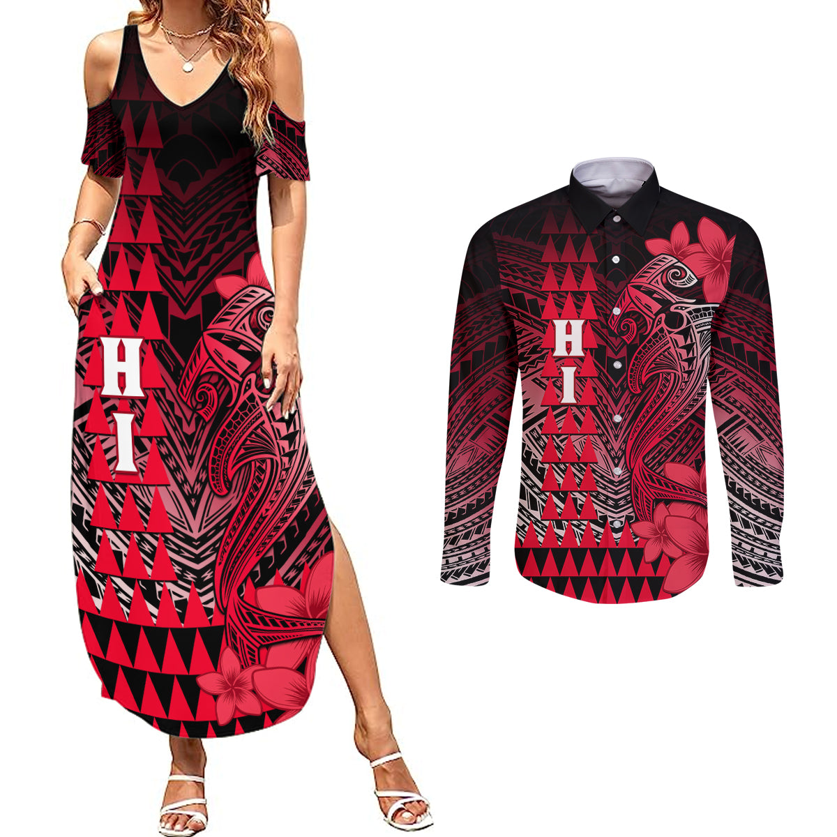 Personalized Hawaii Couples Matching Summer Maxi Dress and Long Sleeve Button Shirts Hammerhead Shark Kakau Polynesian Tribal Red LT05 Red - Polynesian Pride