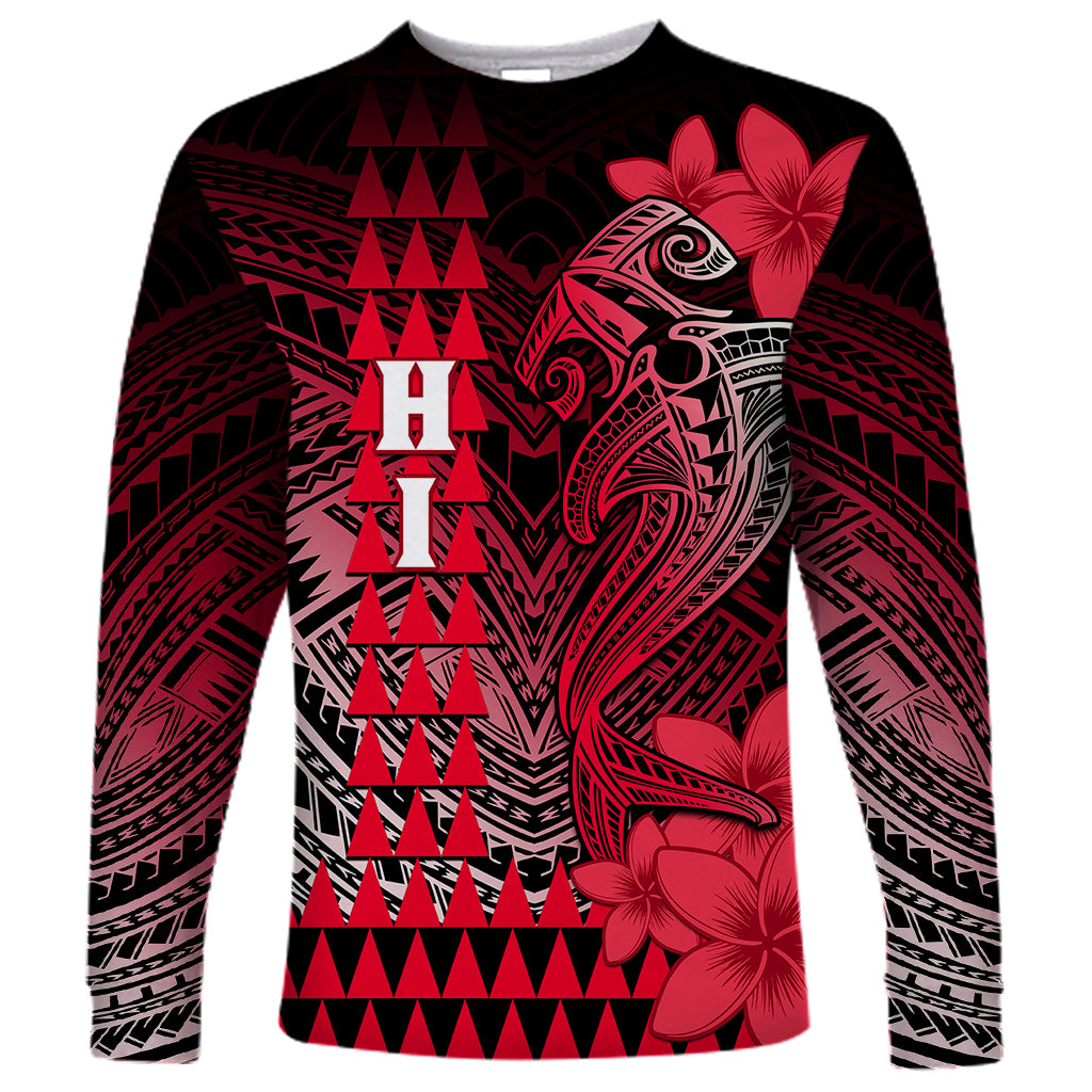 Personalized Hawaii Long Sleeve Shirt Hammerhead Shark Kakau Polynesian Tribal Red LT05 Unisex Red - Polynesian Pride