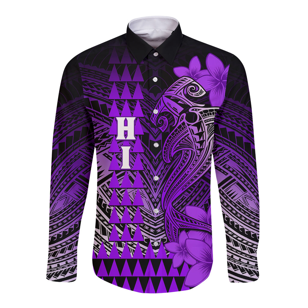Personalized Hawaii Long Sleeve Button Shirt Hammerhead Shark Kakau Polynesian Tribal Purple LT05 Unisex Purple - Polynesian Pride