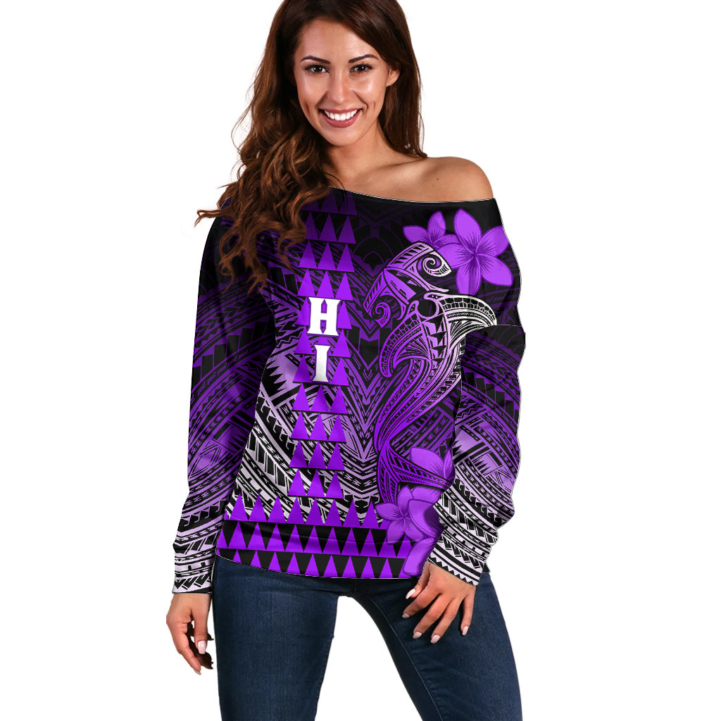 Personalized Hawaii Off Shoulder Sweater Hammerhead Shark Kakau Polynesian Tribal Purple LT05 Women Purple - Polynesian Pride