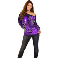 Personalized Hawaii Off Shoulder Sweater Hammerhead Shark Kakau Polynesian Tribal Purple LT05 - Polynesian Pride