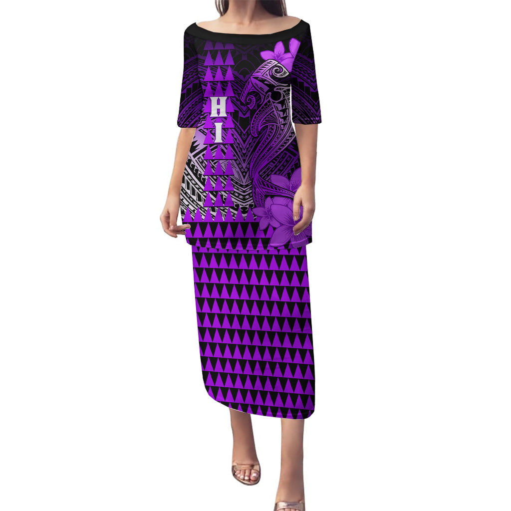 Personalized Hawaii Puletasi Hammerhead Shark Kakau Polynesian Tribal Purple LT05 Long Dress Purple - Polynesian Pride