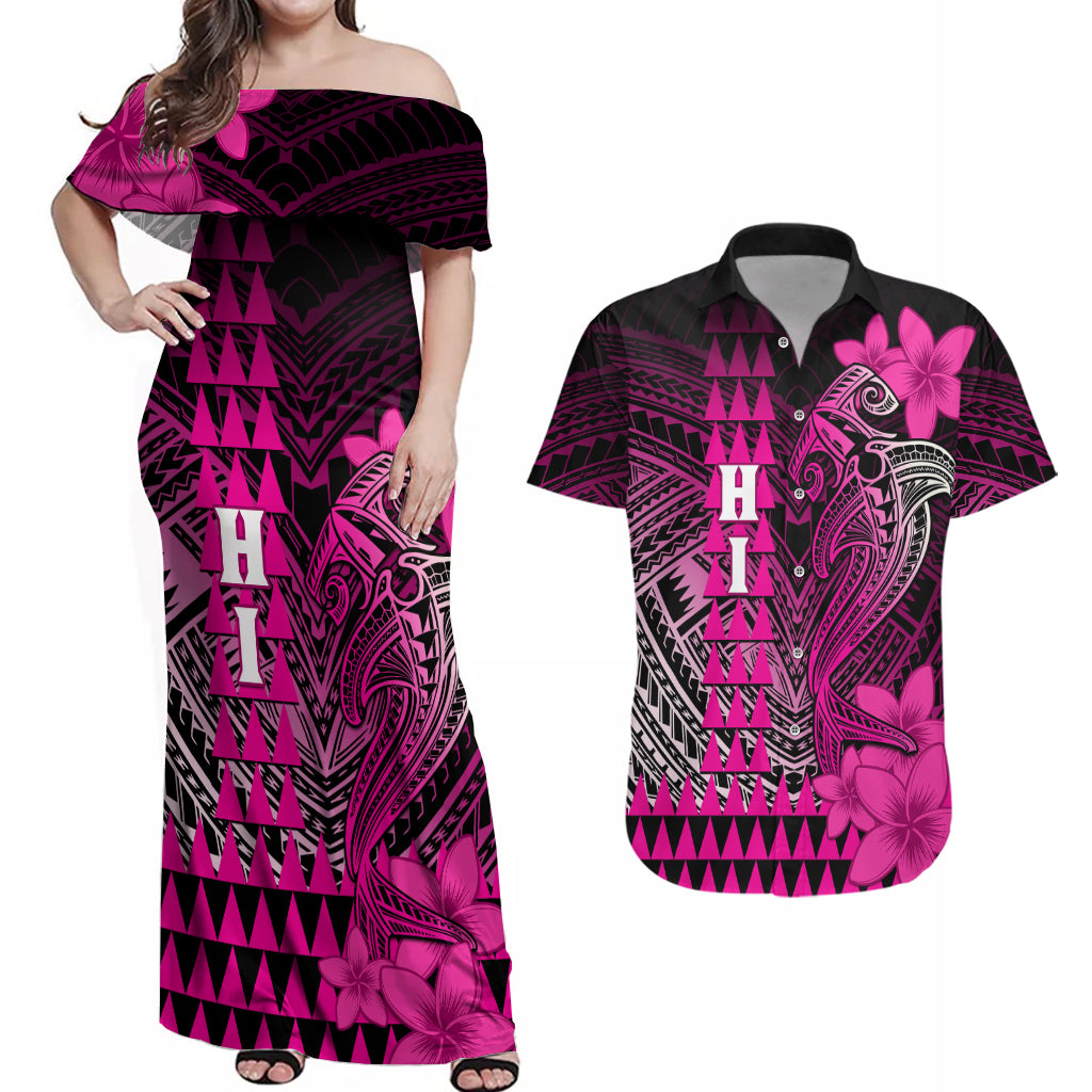 Personalized Hawaii Couples Matching Off Shoulder Maxi Dress and Hawaiian Shirt Hammerhead Shark Kakau Polynesian Tribal Pink LT05 Pink - Polynesian Pride