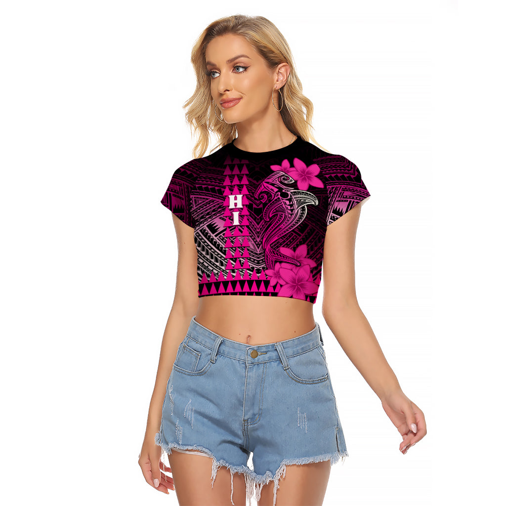 Personalized Hawaii Raglan Cropped T Shirt Hammerhead Shark Kakau Polynesian Tribal Pink LT05 Female Pink - Polynesian Pride