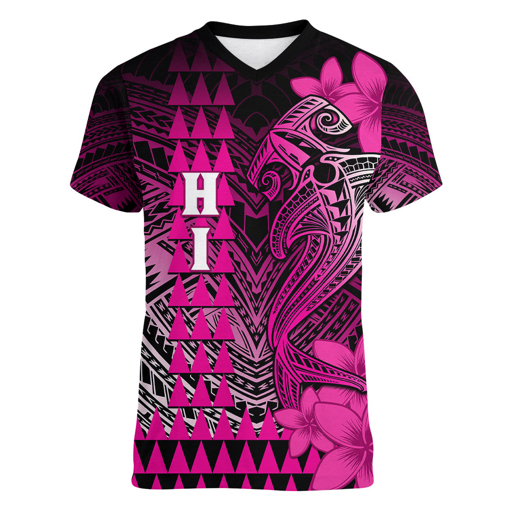 Personalized Hawaii Women V Neck T Shirt Hammerhead Shark Kakau Polynesian Tribal Pink LT05 Female Pink - Polynesian Pride