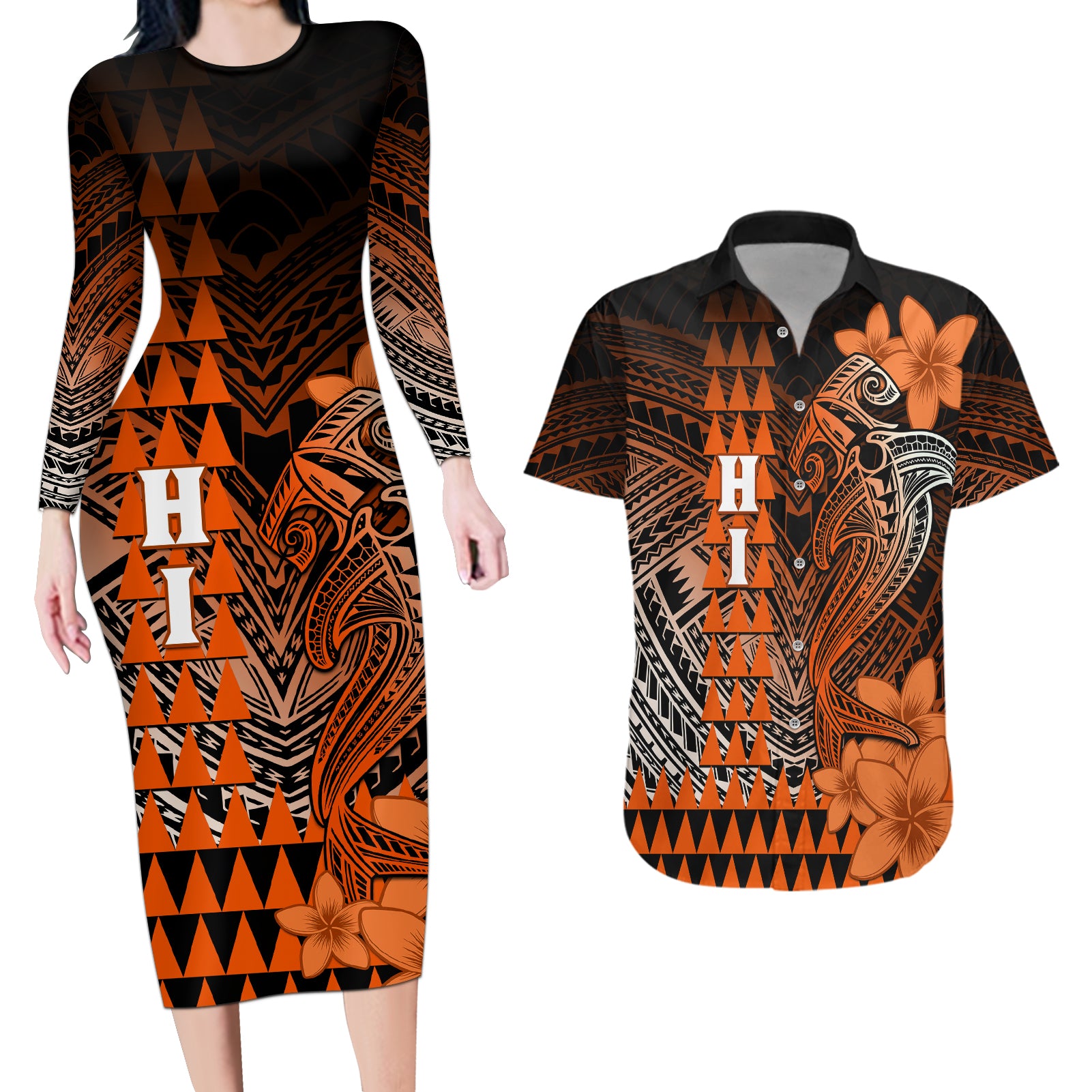 Personalized Hawaii Couples Matching Long Sleeve Bodycon Dress and Hawaiian Shirt Hammerhead Shark Kakau Polynesian Tribal Orange LT05 Orange - Polynesian Pride