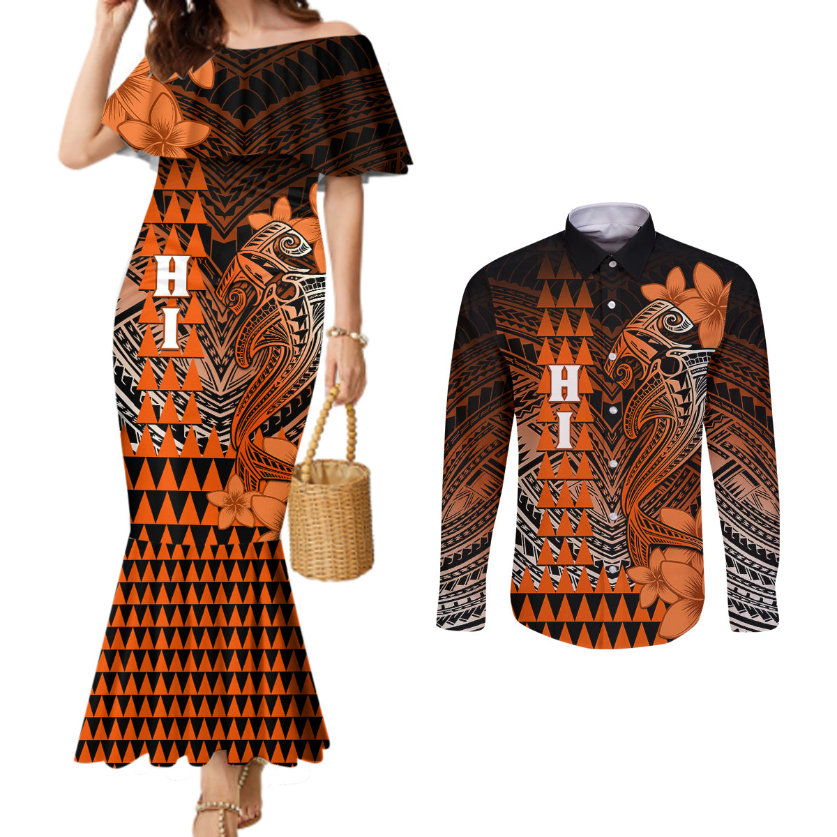 Personalized Hawaii Couples Matching Mermaid Dress and Long Sleeve Button Shirts Hammerhead Shark Kakau Polynesian Tribal Orange LT05 Orange - Polynesian Pride