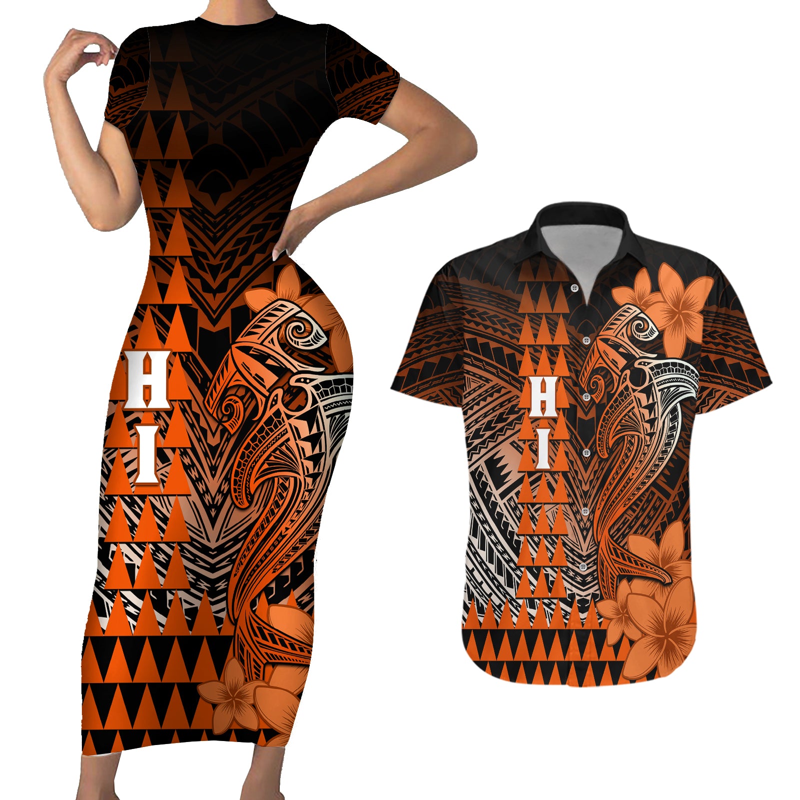 Personalized Hawaii Couples Matching Short Sleeve Bodycon Dress and Hawaiian Shirt Hammerhead Shark Kakau Polynesian Tribal Orange LT05 Orange - Polynesian Pride