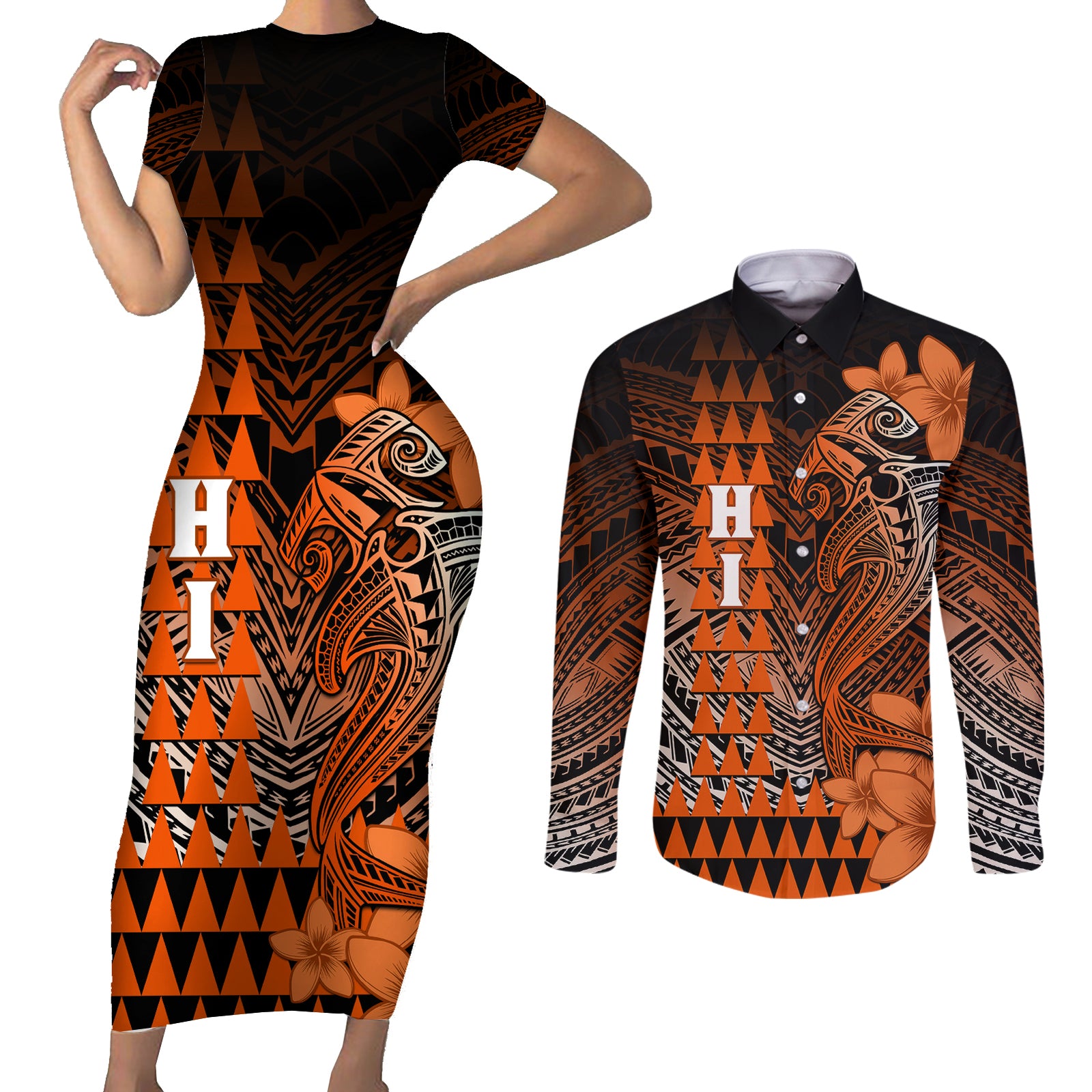 Personalized Hawaii Couples Matching Short Sleeve Bodycon Dress and Long Sleeve Button Shirts Hammerhead Shark Kakau Polynesian Tribal Orange LT05 Orange - Polynesian Pride