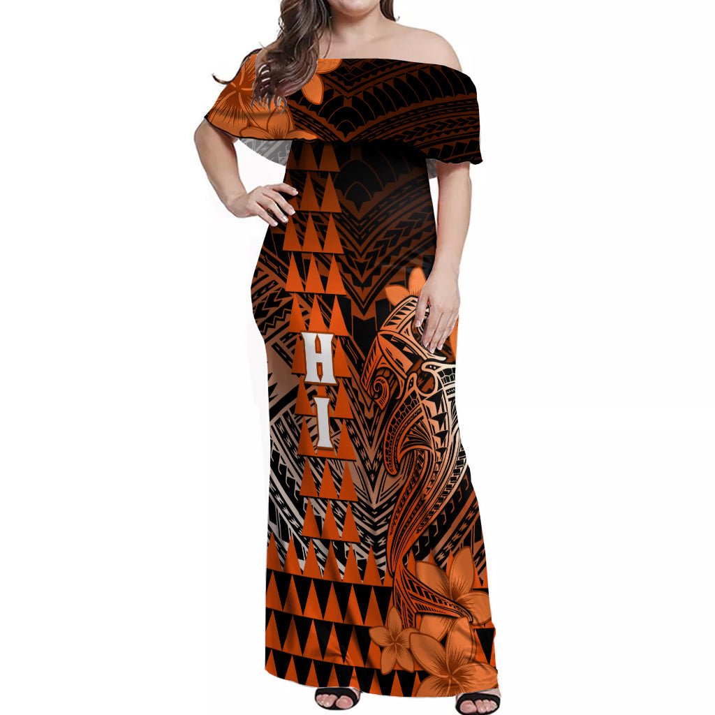 Personalized Hawaii Off Shoulder Maxi Dress Hammerhead Shark Kakau Polynesian Tribal Orange LT05 Women Orange - Polynesian Pride