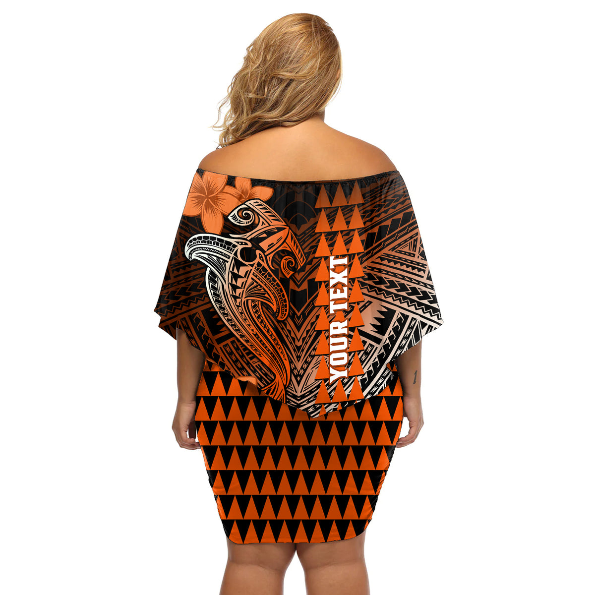 Personalized Hawaii Off Shoulder Short Dress Hammerhead Shark Kakau Polynesian Tribal Orange LT05 - Polynesian Pride