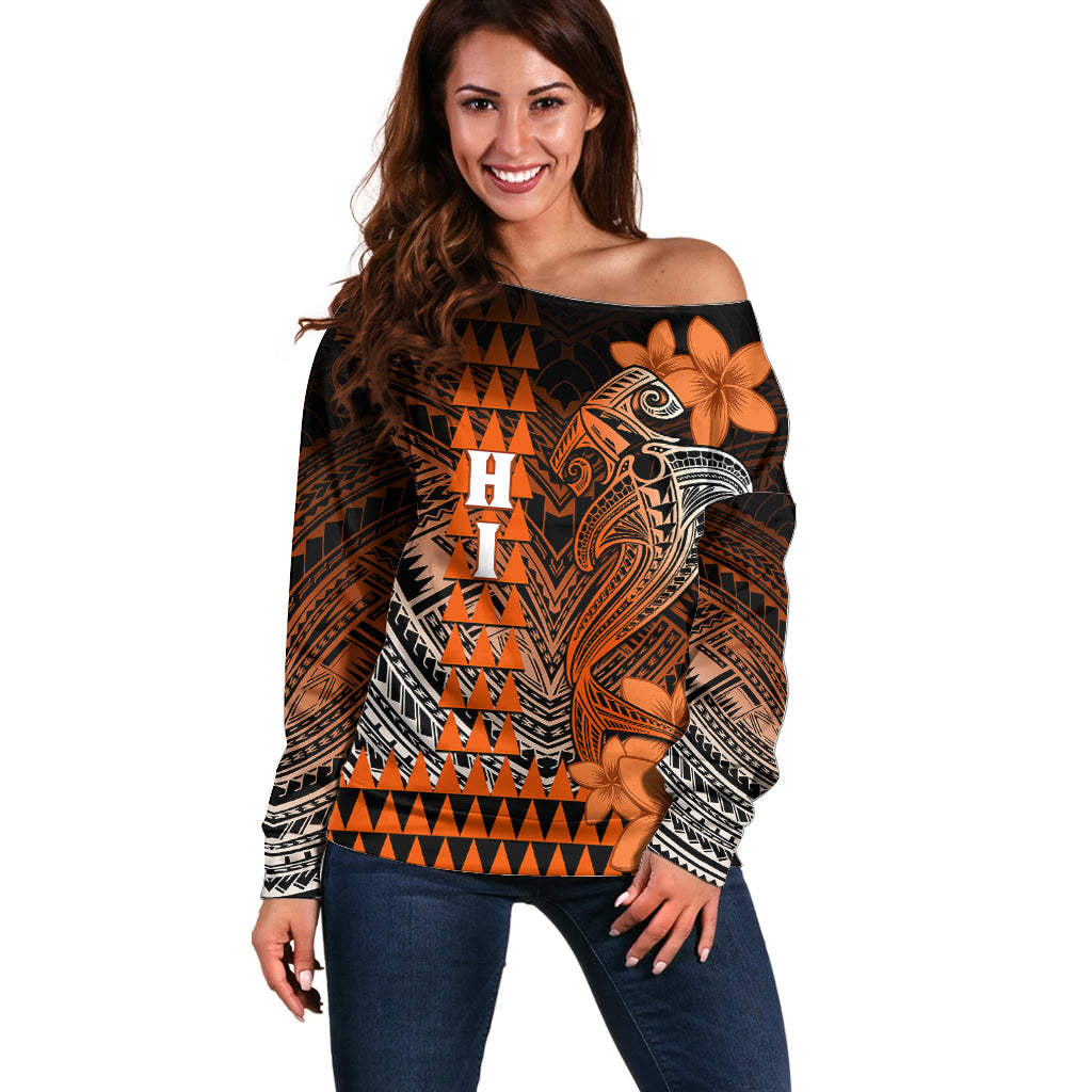 Personalized Hawaii Off Shoulder Sweater Hammerhead Shark Kakau Polynesian Tribal Orange LT05 Women Orange - Polynesian Pride