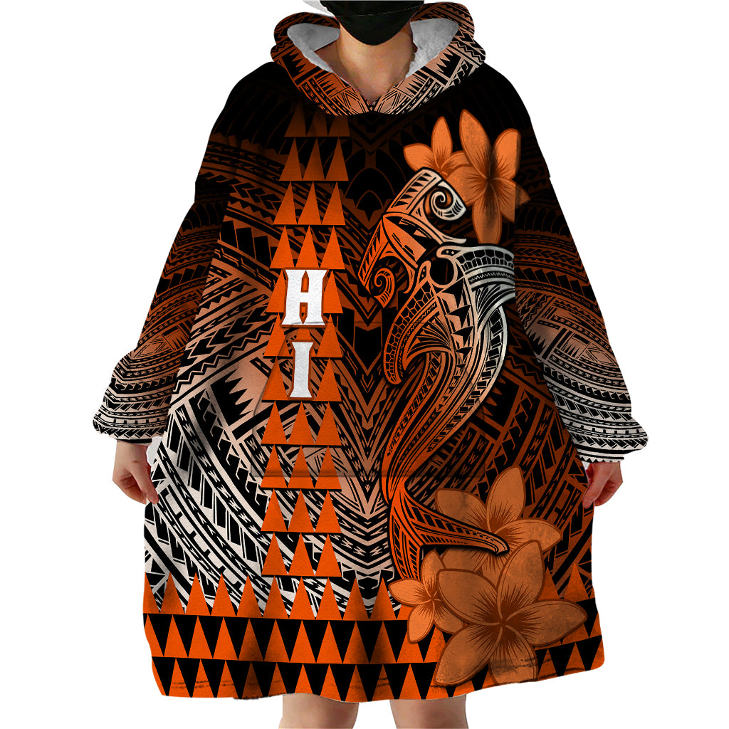 Personalized Hawaii Wearable Blanket Hoodie Hammerhead Shark Kakau Polynesian Tribal Orange LT05 - Polynesian Pride