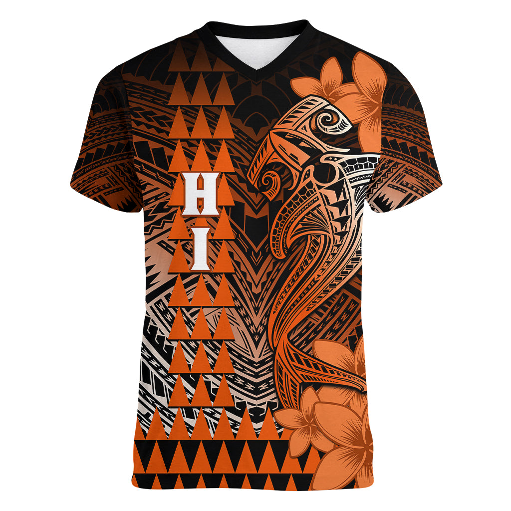 Personalized Hawaii Women V Neck T Shirt Hammerhead Shark Kakau Polynesian Tribal Orange LT05 Female Orange - Polynesian Pride