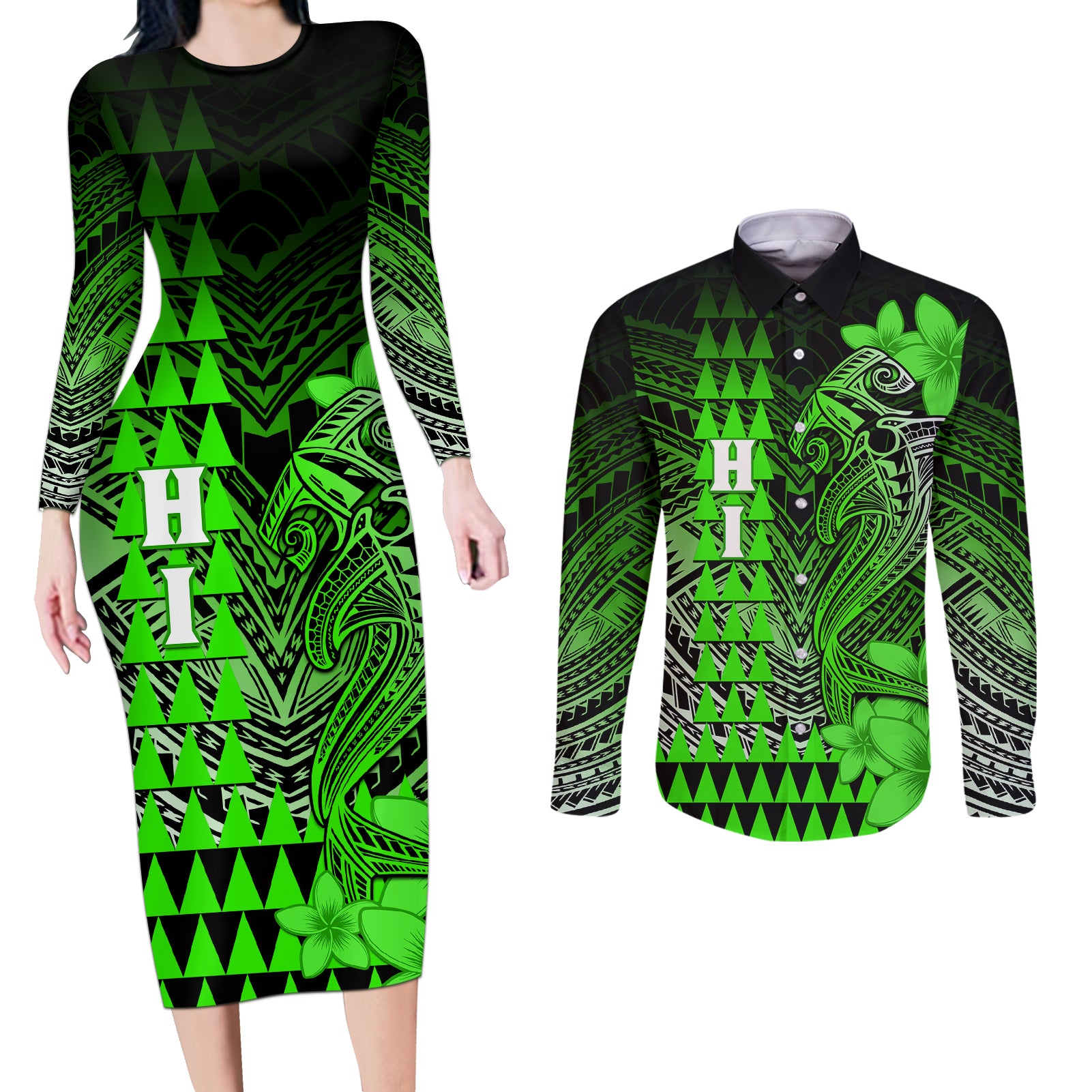 Personalized Hawaii Couples Matching Long Sleeve Bodycon Dress and Long Sleeve Button Shirts Hammerhead Shark Kakau Polynesian Tribal Green LT05 Green - Polynesian Pride