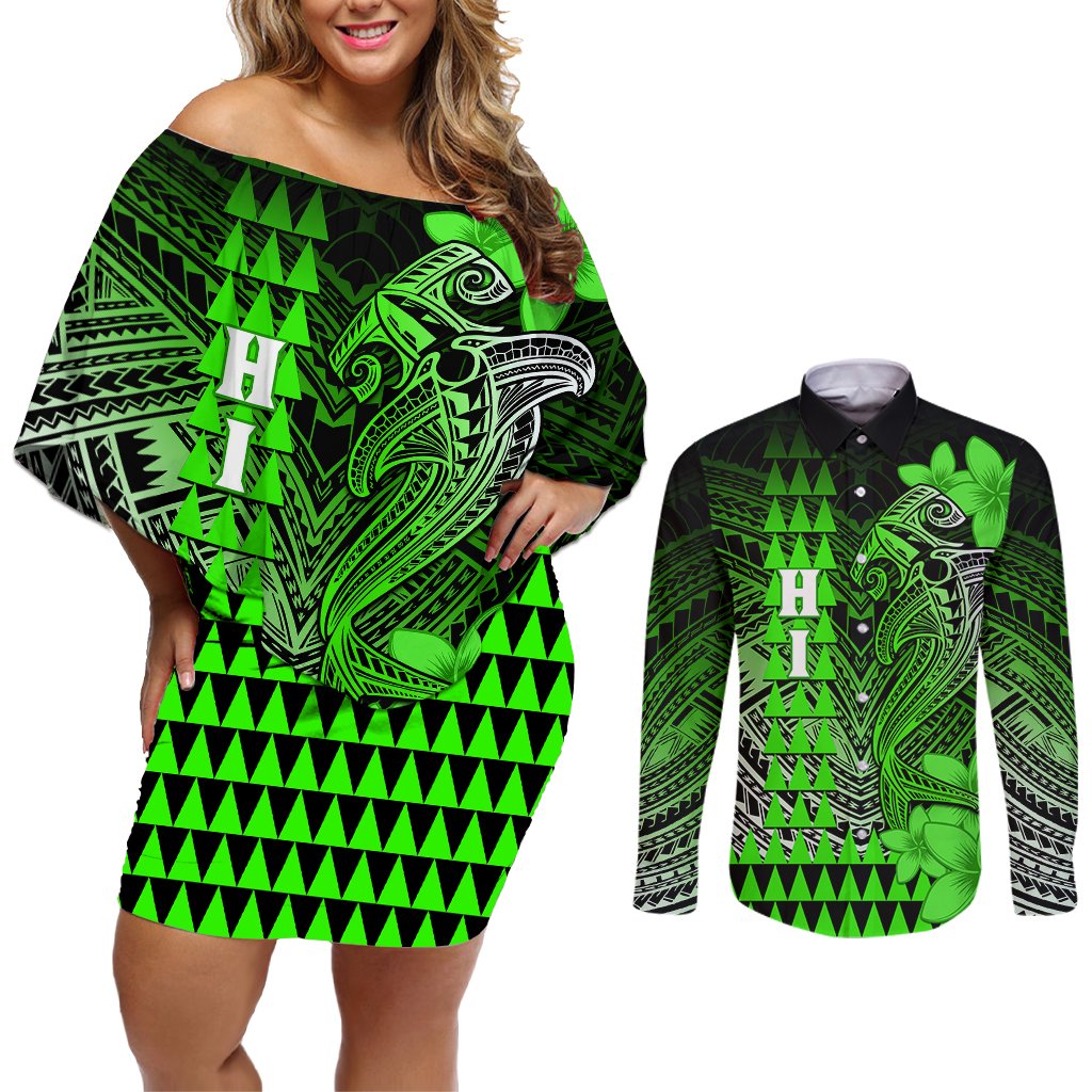 Personalized Hawaii Couples Matching Off Shoulder Short Dress and Long Sleeve Button Shirts Hammerhead Shark Kakau Polynesian Tribal Green LT05 Green - Polynesian Pride