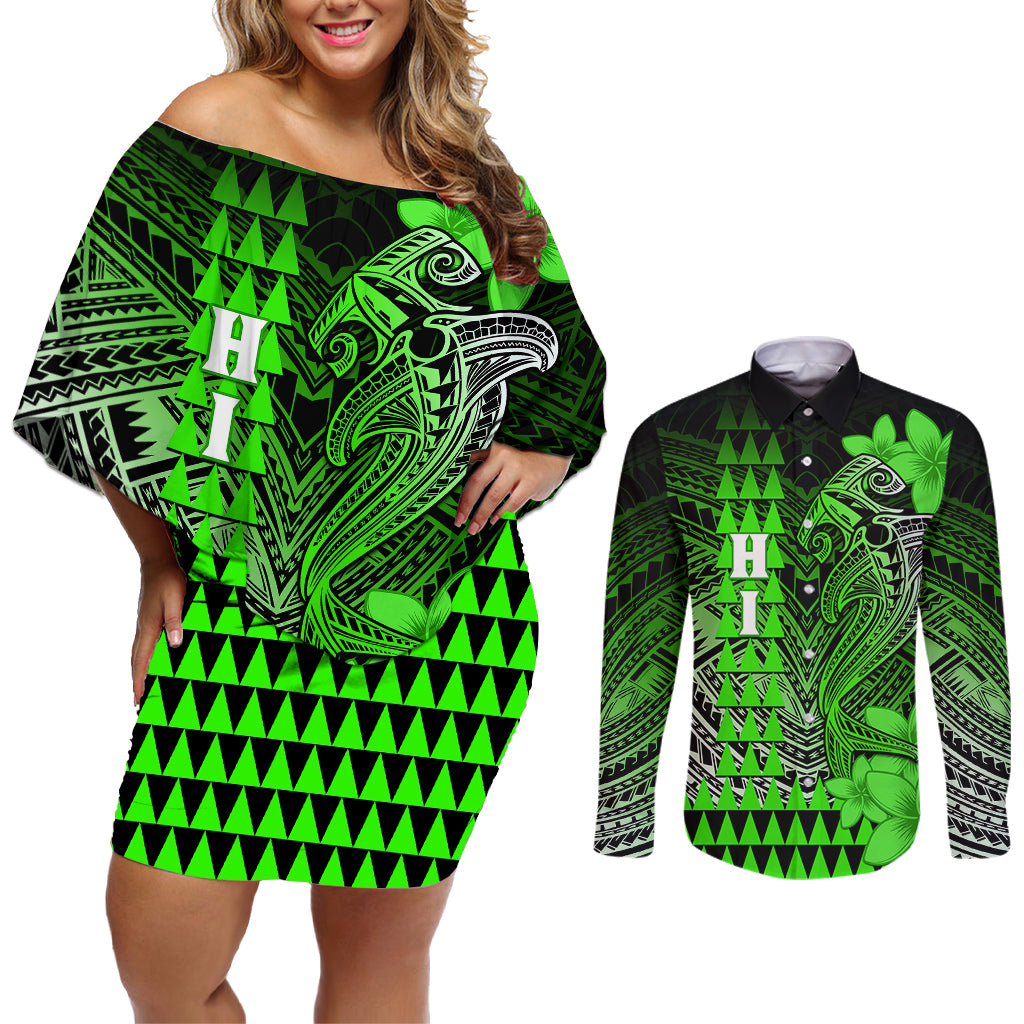 Personalized Hawaii Couples Matching Off Shoulder Short Dress and Long Sleeve Button Shirts Hammerhead Shark Kakau Polynesian Tribal Green LT05 Green - Polynesian Pride