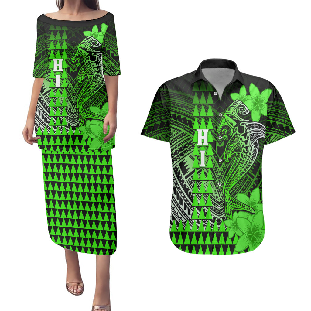 Personalized Hawaii Couples Matching Puletasi Dress and Hawaiian Shirt Hammerhead Shark Kakau Polynesian Tribal Green LT05 Green - Polynesian Pride