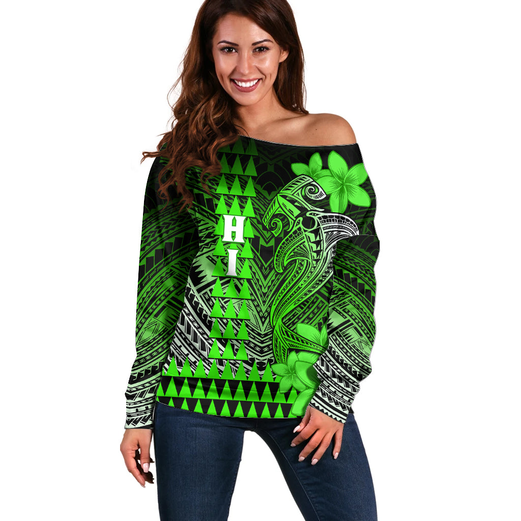 Personalized Hawaii Off Shoulder Sweater Hammerhead Shark Kakau Polynesian Tribal Green LT05 Women Green - Polynesian Pride