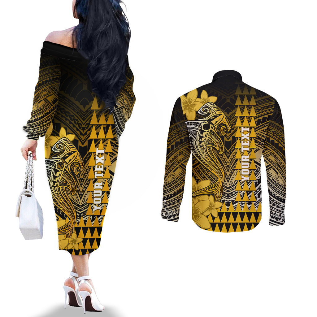 Personalized Hawaii Couples Matching Off The Shoulder Long Sleeve Dress and Long Sleeve Button Shirts Hammerhead Shark Kakau Polynesian Tribal Gold LT05 - Polynesian Pride