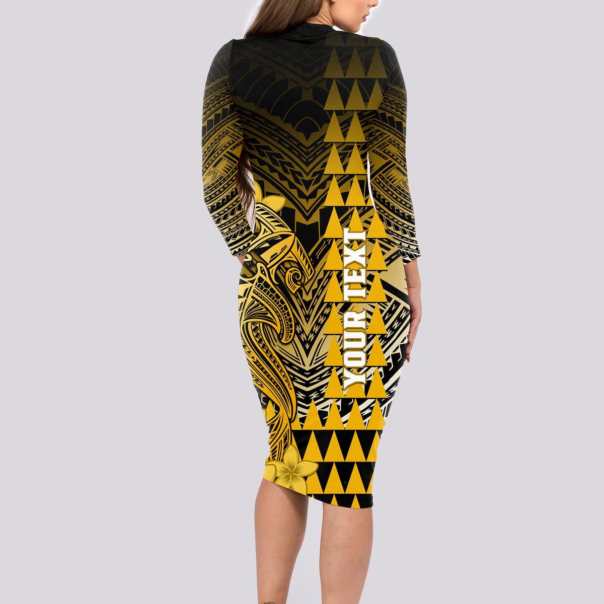 Personalized Hawaii Long Sleeve Bodycon Dress Hammerhead Shark Kakau Polynesian Tribal Gold LT05 - Polynesian Pride