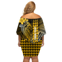 Personalized Hawaii Off Shoulder Short Dress Hammerhead Shark Kakau Polynesian Tribal Gold LT05 - Polynesian Pride