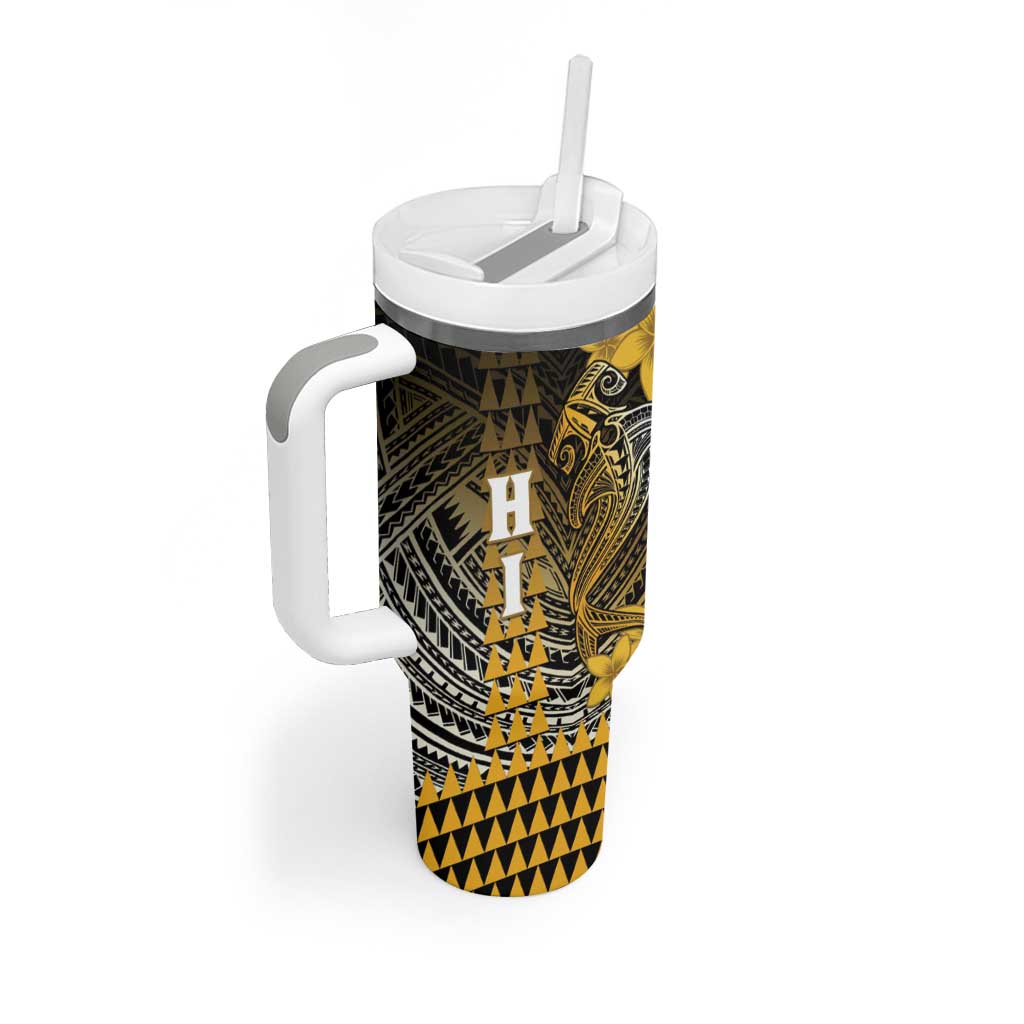 Personalized Hawaii Tumbler With Handle Hammerhead Shark Kakau Polynesian Tribal Gold