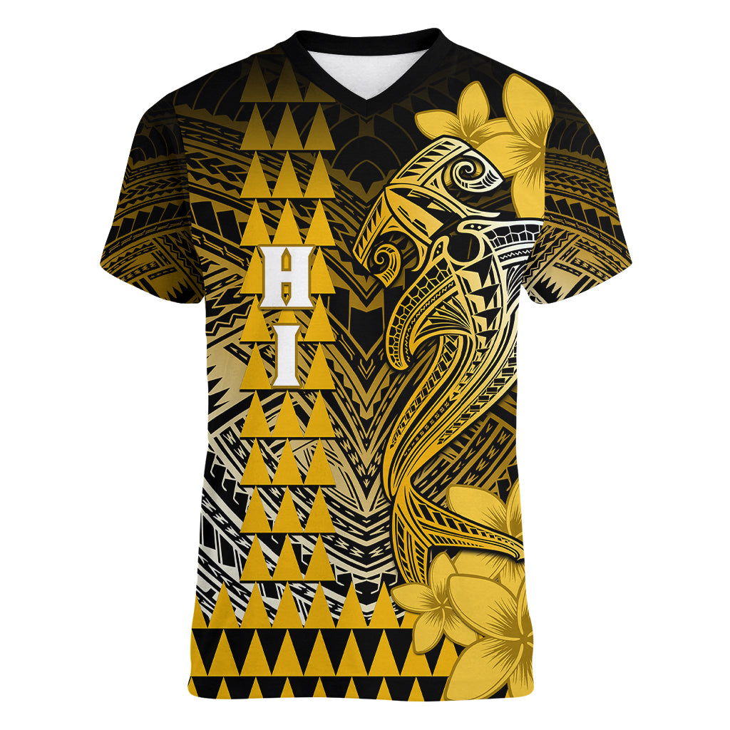 Personalized Hawaii Women V Neck T Shirt Hammerhead Shark Kakau Polynesian Tribal Gold LT05 Female Gold - Polynesian Pride