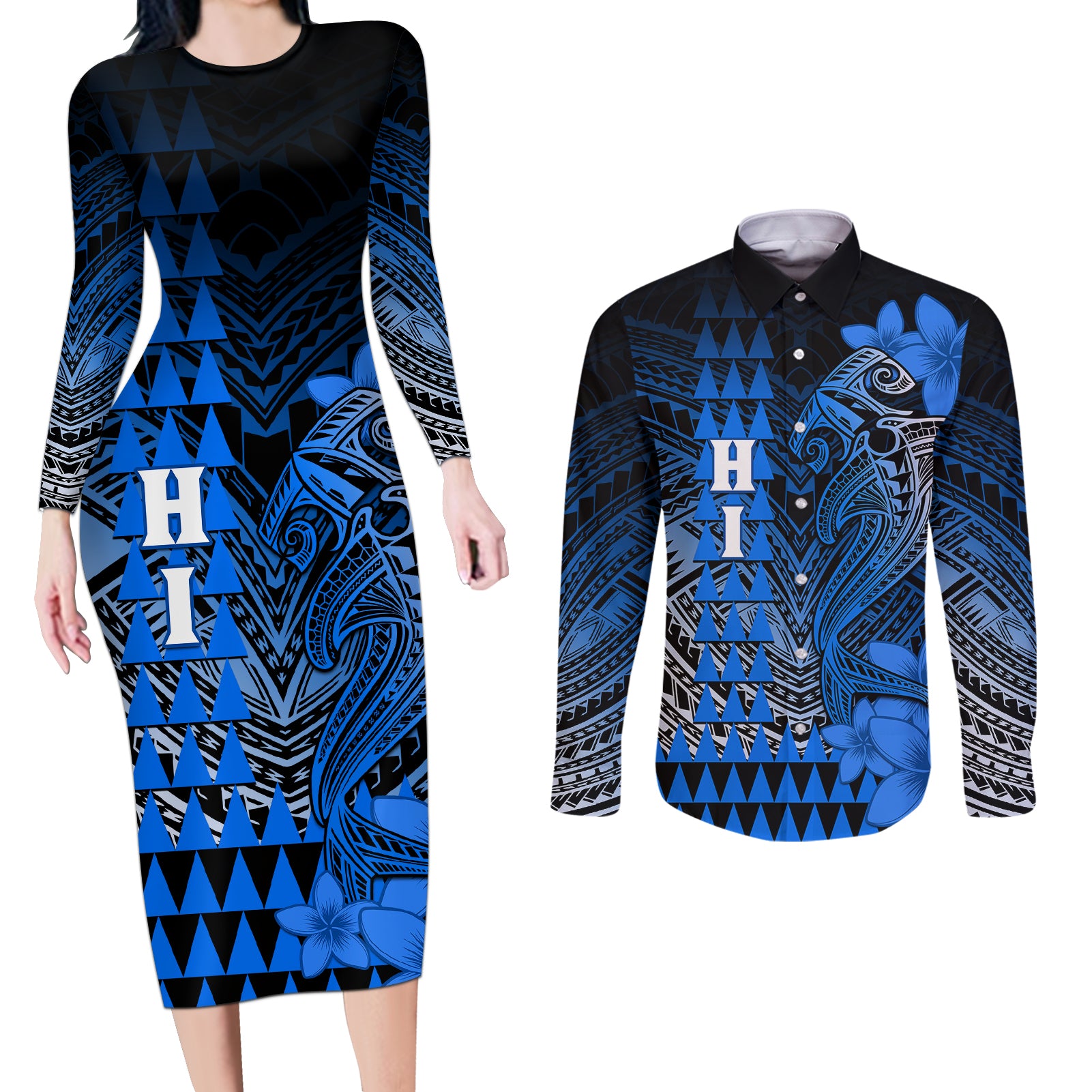 Personalized Hawaii Couples Matching Long Sleeve Bodycon Dress and Long Sleeve Button Shirts Hammerhead Shark Kakau Polynesian Tribal Blue LT05 Blue - Polynesian Pride