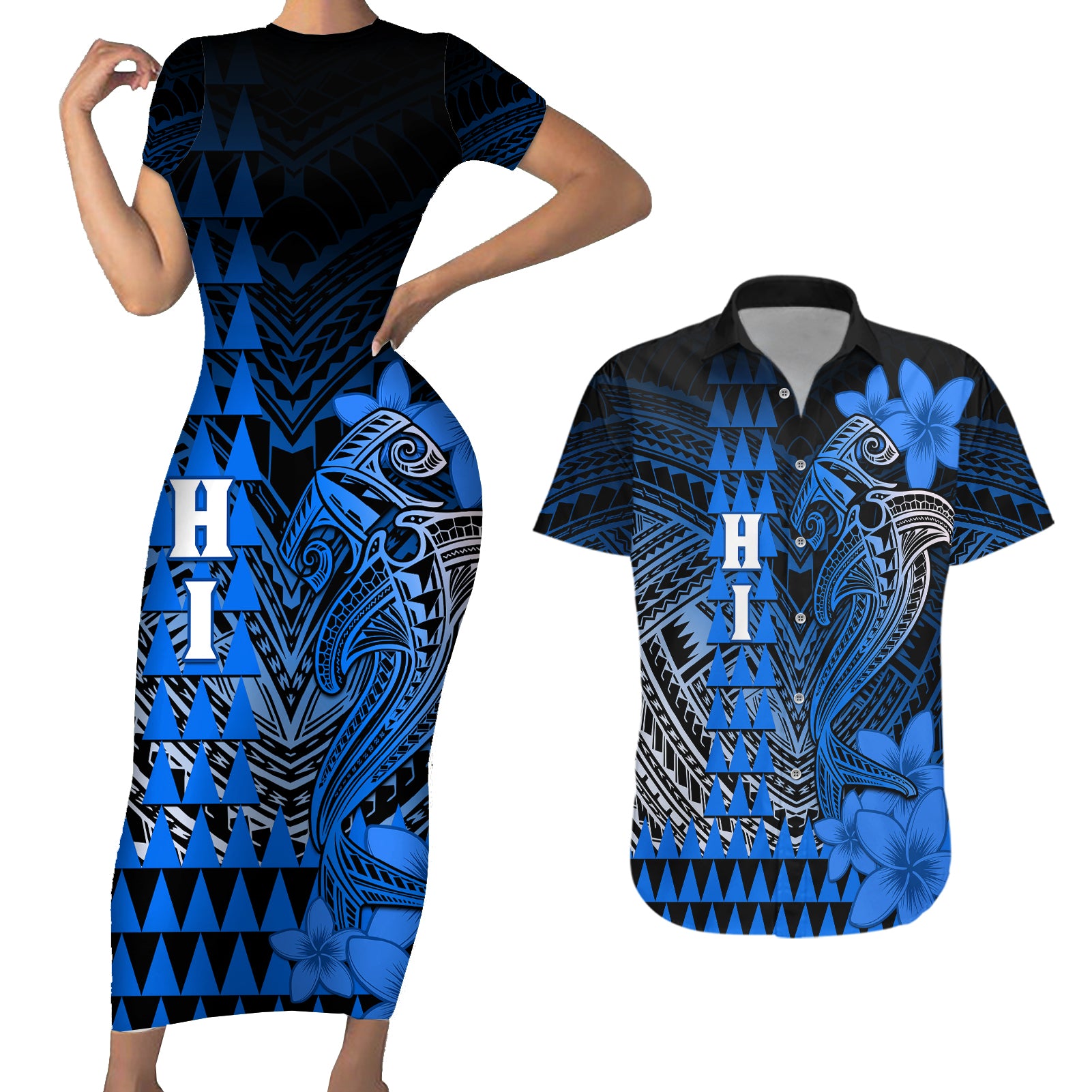 Personalized Hawaii Couples Matching Short Sleeve Bodycon Dress and Hawaiian Shirt Hammerhead Shark Kakau Polynesian Tribal Blue LT05 Blue - Polynesian Pride