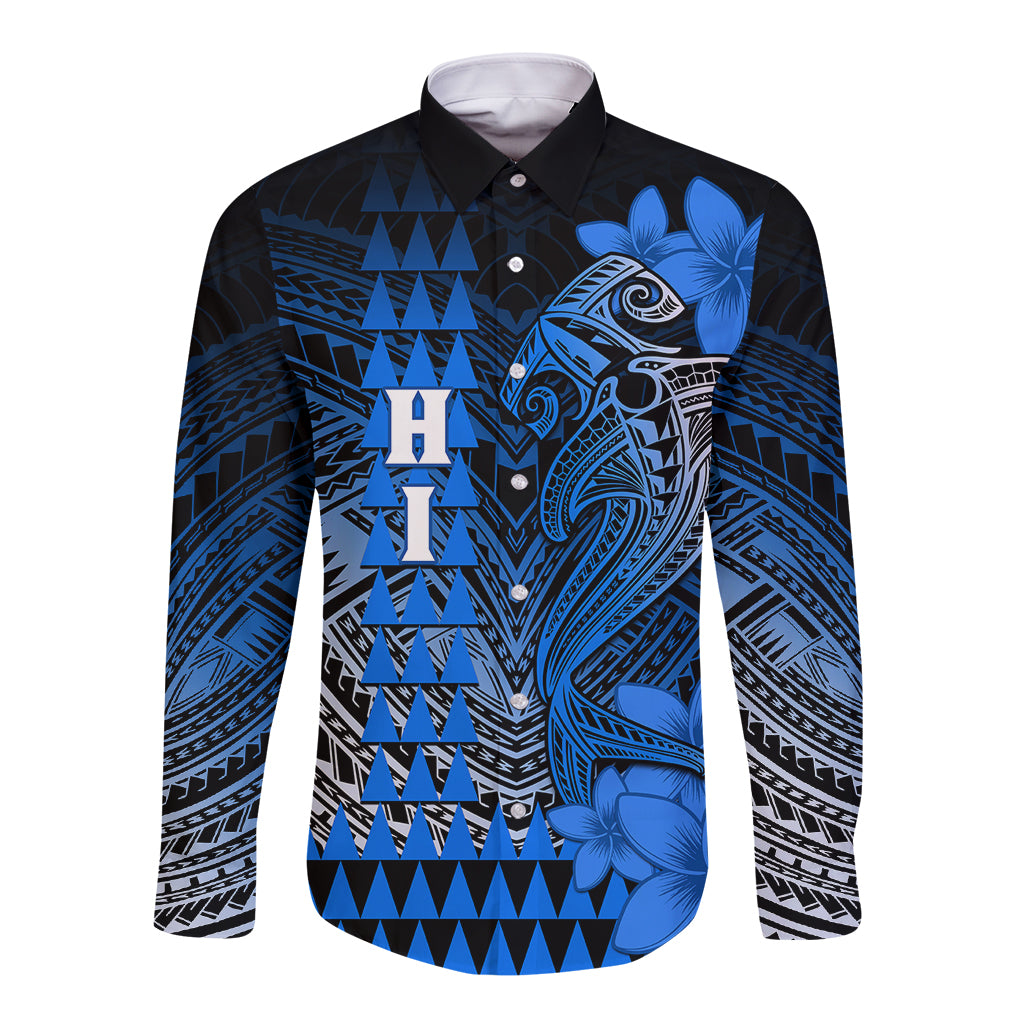Personalized Hawaii Long Sleeve Button Shirt Hammerhead Shark Kakau Polynesian Tribal Blue LT05 Unisex Blue - Polynesian Pride