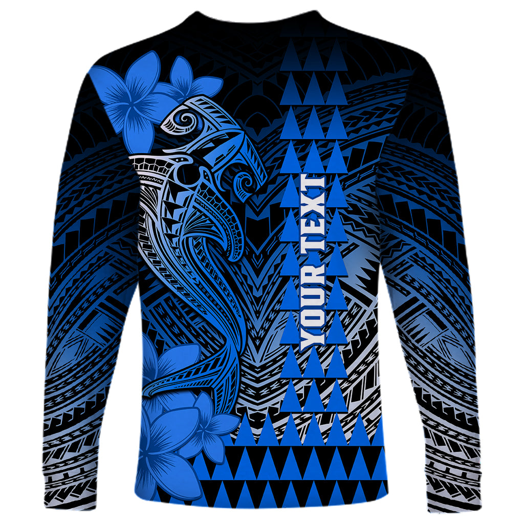 Personalized Hawaii Long Sleeve Shirt Hammerhead Shark Kakau Polynesian Tribal Blue LT05 - Polynesian Pride