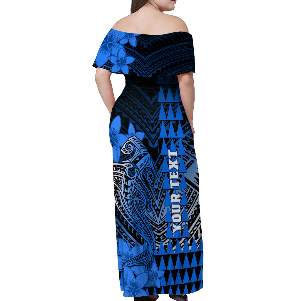 Personalized Hawaii Off Shoulder Maxi Dress Hammerhead Shark Kakau Polynesian Tribal Blue LT05 - Polynesian Pride