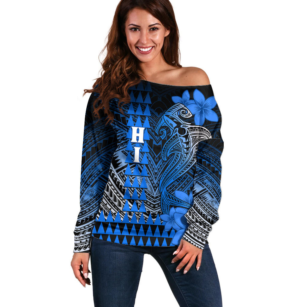 Personalized Hawaii Off Shoulder Sweater Hammerhead Shark Kakau Polynesian Tribal Blue LT05 Women Blue - Polynesian Pride