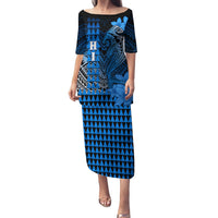 Personalized Hawaii Puletasi Hammerhead Shark Kakau Polynesian Tribal Blue LT05 Long Dress Blue - Polynesian Pride