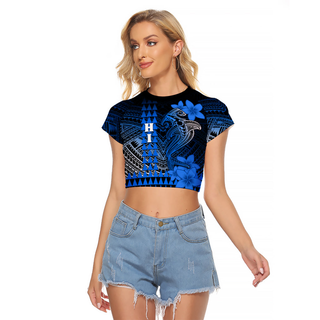 Personalized Hawaii Raglan Cropped T Shirt Hammerhead Shark Kakau Polynesian Tribal Blue LT05 Female Blue - Polynesian Pride