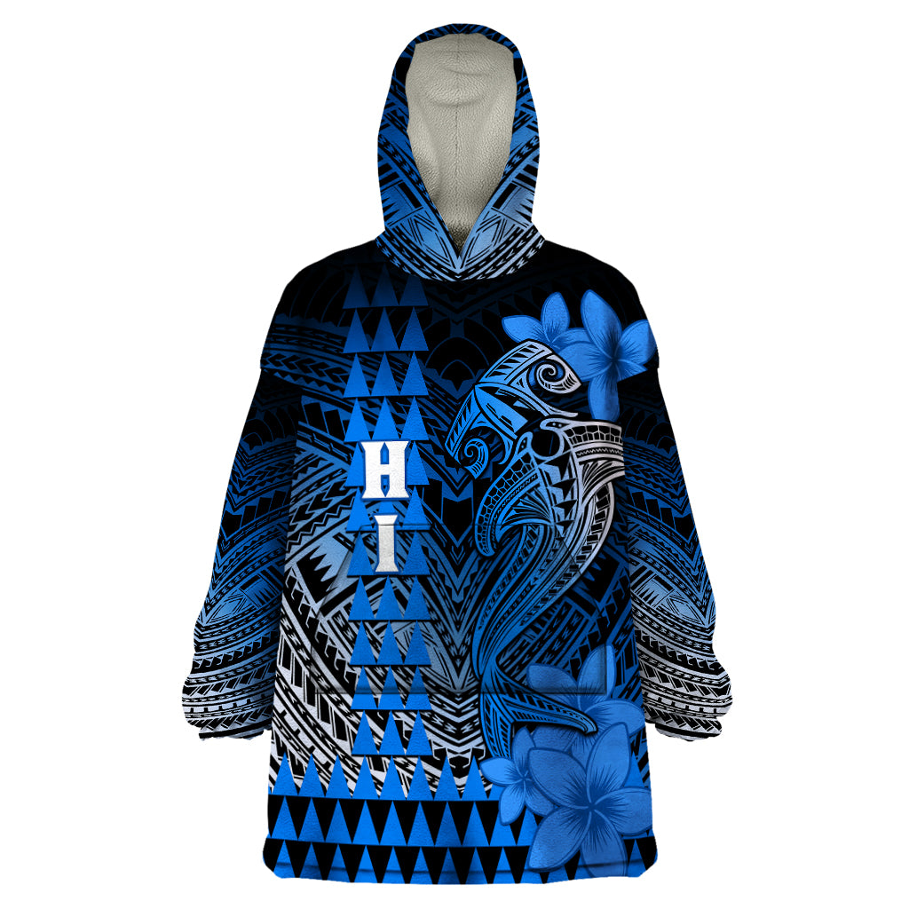 Personalized Hawaii Wearable Blanket Hoodie Hammerhead Shark Kakau Polynesian Tribal Blue LT05 One Size Blue - Polynesian Pride