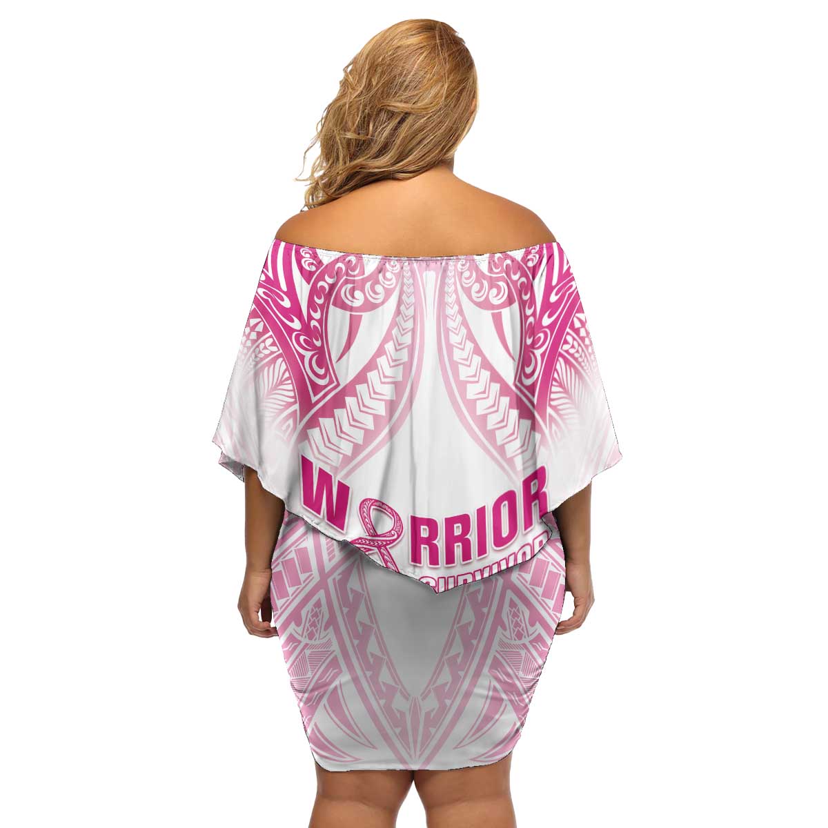 Breast Cancer Pink Out Family Matching Off Shoulder Short Dress and Hawaiian Shirt Polynesian Art Tattoo White Version