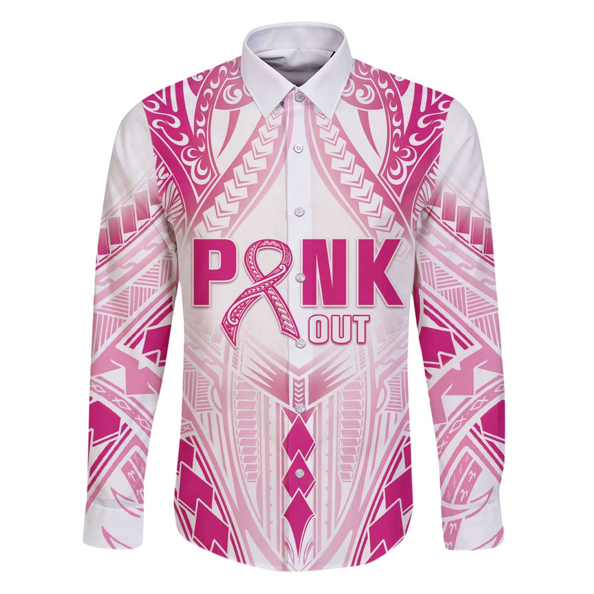 Breast Cancer Pink Out Family Matching Puletasi and Hawaiian Shirt Polynesian Art Tattoo White Version LT05 Dad's Shirt - Long Sleeve White - Polynesian Pride