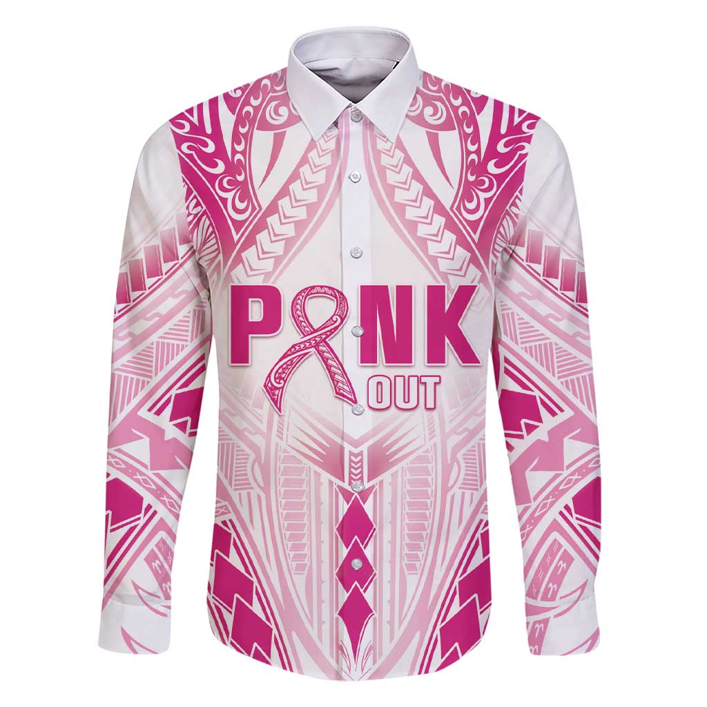 Breast Cancer Pink Out Family Matching Short Sleeve Bodycon Dress and Hawaiian Shirt Polynesian Art Tattoo White Version LT05 Dad's Shirt - Long Sleeve White - Polynesian Pride